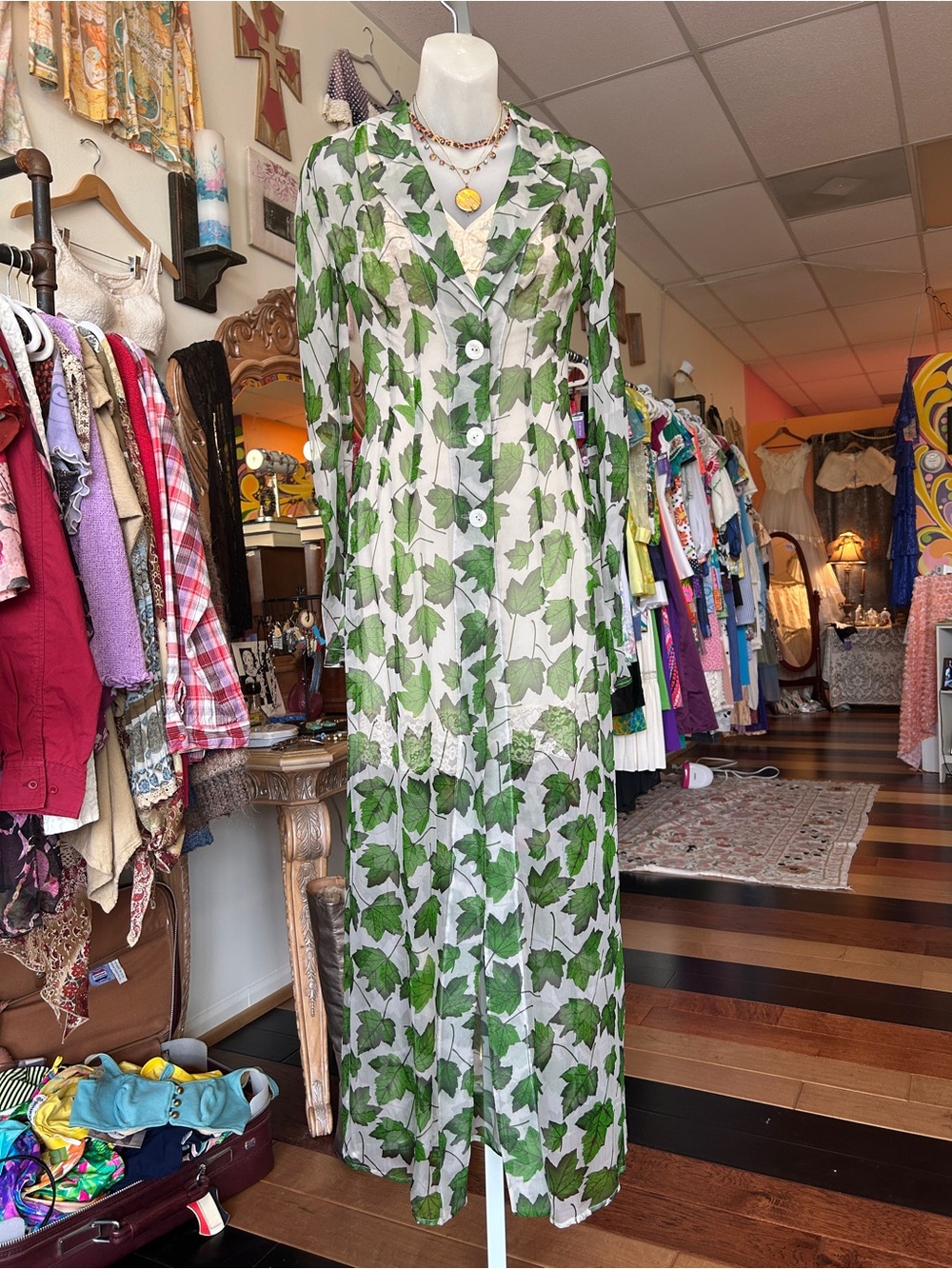 Rare 1997 Spring/Summer Runway Dolce & Gabbana Green LeafPrint Sheer Maxi Duster